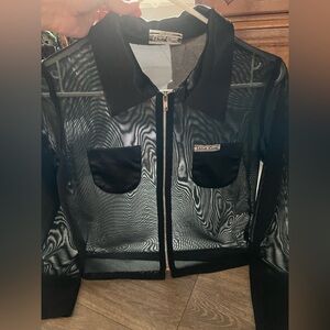 Vintage 90s Uno Core Zippered Black Sheer Top w Satin Collar & Chest Pockets M